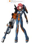  1girl arm_cannon arms_at_sides cyborg english_text full_body gun hair_intakes highres joints looking_at_viewer neon_genesis_evangelion original personification red_eyes red_hair rifle robot_joints science_fiction serious sniper_rifle solo standing substance20 weapon white_background 