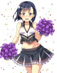  1girl alternate_costume black_hair black_skirt blush cheering cheerleader collarbone confetti cowboy_shot crop_top crop_top_overhang embarrassed eyebrows_visible_through_hair highres holding holding_pom_poms kiryuuin_aoi macaroni_hourensou midriff miniskirt navel open_mouth pleated_skirt pom_pom_(cheerleading) purple_eyes shirt short_hair simple_background skirt sleeveless sleeveless_shirt solo sweat two-tone_shirt umamusume white_background 