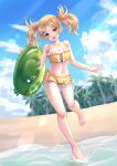  1girl alternate_costume barefoot beach bikini bikini_shorts bikini_top blonde_hair blue_eyes commission feet fire_emblem fire_emblem_awakening frog highres innertube legs lissa_(fire_emblem) long_hair looking_at_viewer ocean palm_tree running sebu_illust shorts smile solo swimsuit tree twintails water yellow_bikini yellow_swimsuit 