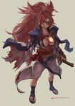  1girl amputee backlighting baiken big_hair breasts cleavage eyepatch facial_tattoo full_body guilty_gear guilty_gear_xrd hand_on_hilt highres japanese_clothes kataginu katana kimono large_breasts long_hair looking_at_viewer no_bra obi one-eyed pink_eyes pink_hair ponytail rope_belt sash scar scar_across_eye sheath sheathed signature solo stn_sentan sword tattoo toeless_footwear toenails toes torn_clothes torn_sleeves very_long_hair weapon white_kimono 