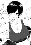  1girl absurdres bare_shoulders blush breasts cleavage collarbone greyscale highres large_breasts midriff monochrome norman_maggot olive_laurentia original parted_lips pixie_cut short_hair sports_bra sweat w 