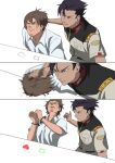  2boys absurdres black_hair bongo_cat brown_eyes brown_hair closed_eyes collared_shirt cuffs dark-skinned_male dark_skin facial_hair gawman_nobile gundam gundam_hathaway&#039;s_flash handcuffs highres imasogari kenneth_sleg like_and_retweet male_focus meme military military_uniform multiple_boys one_eye_closed open_mouth parted_lips scar scar_across_eye scene_reference shirt smile stubble twitter uniform white_shirt 