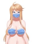  1girl absurdres ahoge bangs blue_eyes blush breasts brown_hair cleavage covering covering_breasts cowboy_shot eyebrows_visible_through_hair highres idolmaster idolmaster_million_live! long_hair looking_away mask medium_breasts mouth_mask navel plump simple_background sketch solo swept_bangs tokoro_megumi tomid wardrobe_malfunction white_background 