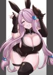  1girl animal_ears bangs blue_eyes braid breasts bright_pupils bunny_pose cleavage cleavage_cutout clothing_cutout crown_braid draph fake_animal_ears granblue_fantasy grin hair_ornament hair_over_one_eye hairclip highres horns large_breasts light_purple_hair long_hair low-tied_long_hair narmaya_(granblue_fantasy) parted_bangs partially_undressed pointy_ears rabbit_ears single_thighhigh smile solo teriton thigh_strap thighhighs thighs 