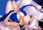  1girl amadarel artist_name azur_lane black_background blue_background blue_dress breasts center_opening cocktail_glass cup dress drinking_glass evening_gown fox_tail gold_necklace gradient gradient_background halter_dress halterneck kaga_(azur_lane) kaga_(white-tailed_magnificence)_(azur_lane) kitsune kyuubi large_breasts large_tail looking_at_viewer medium_hair multiple_tails official_alternate_costume purple_eyes simple_background sleeveless sleeveless_dress solo tail white_hair white_tail 