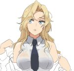  1girl blonde_hair breasts commentary_request dress_shirt facing_viewer hornet_(kancolle) kantai_collection korean_commentary large_breasts long_hair looking_to_the_side parted_lips perfect_han shirt sideways_glance simple_background solo white_background white_shirt work_in_progress 