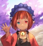  1girl bell blurry blurry_background brown_hair facial_mark final_fantasy final_fantasy_xiv headdress heterochromia lalafell looking_at_viewer muraicchi_(momocchi) neck_bell outdoors pointy_ears short_hair smile solo upper_body waving 