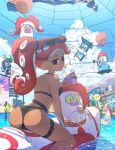  2girls ass balloon bikini black_bikini breasts cleavage cup dark-skinned_female dark_skin disposable_cup drinking_straw eyewear_on_head highres lifeguard_chair looking_at_viewer looking_back minawake_(azuma-m) multiple_girls octoling octotrooper pool red_hair side_ponytail sideboob splatoon_(series) sunglasses swimsuit takozonesu tentacle_hair thigh_strap tray 