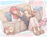  2girls ^_^ aiiro_bokujuu animal_slippers bang_dream! barefoot blush book character_doll chinese_commentary closed_eyes commentary couch hand_on_another&#039;s_arm highres jewelry long_hair lying maruyama_aya multiple_girls on_couch on_ground on_stomach pink_hair purple_eyes reading ring shirasagi_chisato signature sitting slippers smile wedding_band yuri 