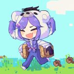  1girl animal_costume bear_costume braid chibi closed_eyes cloud ember_(selen_tatsuki) english_commentary grass holding minecraft muzzle nijisanji nijisanji_en open_mouth overalls purple_hair running selen_tatsuki sky smile solo twin_braids virtual_youtuber water yuno_(p2eocene) 