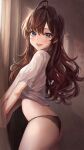  1girl absurdres ahoge black_panties blue_eyes blush brown_hair clothes_pull highres ichinose_shiki idolmaster idolmaster_cinderella_girls kudou_(sikisiki0000) long_hair looking_at_viewer no_pants open_mouth panties pulled_by_self shirt shirt_pull solo_focus underwear wavy_hair 