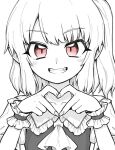  1girl bangs eye_focus flandre_scarlet grin hands_up heart heart_hands looking_at_viewer medium_hair monochrome one_side_up oninamako red_eyes shirt simple_background smile spot_color touhou upper_body white_background wrist_cuffs 