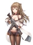  1girl :d assault_rifle bangs bare_shoulders brown_eyes brown_hair chisi daewoo_k2 girls&#039;_frontline gun hair_between_eyes highres holding holding_gun holding_weapon jacket k2_(girls&#039;_frontline) long_hair long_sleeves looking_at_viewer navel open_mouth panties panties_under_pantyhose pantyhose rifle side_ponytail simple_background smile solo teeth trigger_discipline underwear weapon white_background white_jacket 