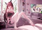  1girl bare_shoulders barefoot bed breasts brown_eyes brown_hair cat_ear_headphones chair gun hair_between_eyes handgun headphones holding holding_gun holding_weapon legs long_hair looking_at_viewer monitor mouse_(computer) mousepad_(object) original qys3 shorts sitting solo speaker weapon 