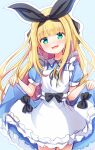  1girl :d apron bangs baram black_bow black_ribbon blonde_hair blue_background blue_dress bow commentary dress eyebrows_visible_through_hair frilled_apron frills green_eyes hair_ribbon highres long_hair looking_at_viewer mononobe_alice nijisanji open_mouth outline puffy_short_sleeves puffy_sleeves ribbon short_sleeves skirt_hold smile solo very_long_hair virtual_youtuber white_apron white_outline 