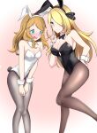  2girls absurdres animal_ears artist_request black_leotard blonde_hair blue_eyes blush bow bowtie breasts collar cuffs curly_hair cynthia_(pokemon) embarrassed grey_eyes hair_ornament highres large_breasts leggings leotard long_hair medium_breasts multiple_girls open_mouth playboy_bunny pokemon pokemon_(game) pokemon_dppt pokemon_xy rabbit_ears rabbit_tail serena_(pokemon) simple_background smile straight_hair tail white_leotard 