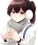  1girl brown_eyes brown_hair coat commentary_request earmuffs grey_scarf hands_clasped highres jewelry kaga_(kancolle) kantai_collection kuroneko86 long_hair official_alternate_costume own_hands_together ring scarf side_ponytail simple_background solo upper_body wedding_band white_background white_coat winter_clothes 