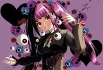  1girl :d black_shirt center_frills collared_shirt corset eyeball eyelashes frills gothic_lolita hair_ribbon head_tilt highres lolita_fashion long_hair long_sleeves looking_at_viewer open_mouth original purple_hair red_eyes ribbon shirt smile solo twintails underbust upper_body yakatora 