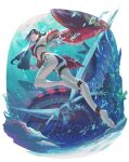  1girl adiane air_bubble anklet bangs barefoot bikini blue_hair breasts bubble choker cleavage eyepatch freediving full_body highres jewelry knee_up large_breasts long_hair misossu red_eyes solo swimsuit tattoo tengen_toppa_gurren_lagann thigh_tattoo underwater 