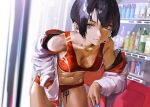  1girl absurdres black_hair can commentary_request hand_in_pocket highres holding jacket leaning_forward leaning_on_object looking_at_viewer off_shoulder original short_hair solo sports_bra sports_drink sportswear sweat vending_machine waterswing 