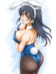  1girl ahoge akimoto_dai animal_ears artist_name black_hair black_legwear blue_leotard bow bowtie breasts brown_eyes cleavage cowboy_shot dated detached_collar fake_animal_ears from_above from_behind highres kantai_collection large_breasts leotard long_hair looking_at_viewer looking_back one-hour_drawing_challenge pantyhose playboy_bunny rabbit_ears rabbit_tail red_neckwear solo strapless strapless_leotard tail ushio_(kancolle) wrist_cuffs 
