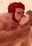  2boys absurdres arm_hair ass bara beard blue_eyes blue_male_underwear blush bouncing_pecs bouncing_penis breath brown_hair chest_hair commission completely_nude couple dark-skinned_male dark_skin emoji facial_hair fate/grand_order fate_(series) french_kiss goatee grabbing hand_on_another&#039;s_neck highres interracial iskandar_(fate) jockstrap kiss large_pectorals long_sideburns male_focus male_underwear mature_male motion_lines multiple_boys muscular muscular_male napoleon_bonaparte_(fate) nude p2yong pectoral_grab pectorals red_hair red_male_underwear saliva saliva_trail second-party_source short_hair sideburns tongue tongue_out underwear upper_body yaoi 