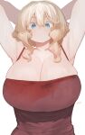  1girl armpits arms_behind_head blonde_hair blue_eyes breasts cleavage closed_mouth dress florida-chan_(ryusei_hashida) hands_up highres huge_breasts looking_at_viewer original red_dress ryusei_hashida sidelocks simple_background solo wet white_background 