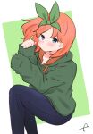  1girl bangs blue_eyes blue_pants blush closed_mouth commentary denim drawstring eyebrows_behind_hair feet_out_of_frame go-toubun_no_hanayome green_background green_hoodie green_ribbon hair_ribbon hands_up hood hood_down hoodie jeans knees_up kujou_karasuma long_sleeves looking_at_viewer nakano_yotsuba orange_hair pants parted_bangs ribbon simple_background sleeves_past_wrists solo two-tone_background white_background 