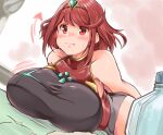  1girl bottle breasts exercise highres huge_breasts jewelry kurokaze_no_sora one-piece_swimsuit push-ups pyra_(pro_swimmer)_(xenoblade) pyra_(xenoblade) red_eyes red_hair short_hair swimsuit training water xenoblade_chronicles_(series) xenoblade_chronicles_2 