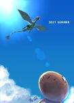  +_+ claws closed_mouth cloud commentary day flygon flying from_below gen_3_pokemon highres lens_flare no_humans outdoors penta_oekaki pokemon pokemon_(creature) signature sky trapinch wavy_mouth 