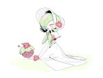  :d blush bonnet bounsweet closed_eyes commentary flower gardevoir gardevoir_(fashionable) gen_3_pokemon gen_7_pokemon hands_together open_mouth petals pink_flower pokemon pokemon_(creature) pokemon_(game) pokemon_unite smile sok_(mr14_c) tongue white_headwear yellow_eyes 