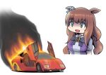  1girl animal_ears blue_bow bow bowtie car commentary ear_bow ears_down eyebrows_visible_through_hair fire flat_tire green_eyes ground_vehicle hair_between_eyes highres horse_ears horse_girl horseshoe_ornament lamborghini lamborghini_countach long_hair maruzensky_(umamusume) motor_vehicle puffy_short_sleeves puffy_sleeves purple_bow purple_neckwear purple_shirt sailor_collar sailor_shirt sakusan_(ss-awesome) school_uniform scissor_doors shaded_face shirt short_sleeves solo sports_car supercar tracen_school_uniform umamusume upper_body wavy_hair 