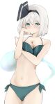  1girl 258n absurdres blue_eyes blush bob_cut bra breasts commentary green_bra green_panties hand_on_own_face highres konpaku_youmu navel panties short_hair silver_hair simple_background skinny small_breasts touhou underwear white_background 