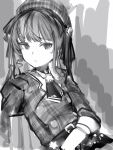  1girl belt beret buttons checkered_jacket double-breasted empty_eyes greyscale hair_ribbon hat highres hololive hoshimachi_suisei jacket looking_at_viewer medium_hair monochrome nanashi_(nlo) necktie parted_lips plaid_headwear ribbon short_necktie solo twintails upper_body virtual_youtuber 