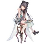  1girl bangs black_hair blunt_bangs dress eyebrows_visible_through_hair full_body girls&#039;_frontline girls&#039;_frontline_neural_cloud hair_ornament highres holding lace lace_legwear long_hair looking_at_viewer mouth_hold needlepoint official_art qbu-88_(girls&#039;_frontline) scissors sewing shoes shorts shuzi sitting smile sneakers solo stool tape_measure thread transparent_background twintails white_dress white_legwear yellow_eyes 