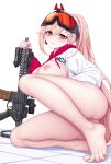  1girl absurdres assault_rifle bangs barefoot blush bottomless breasts closed_mouth commentary drawstring eyebrows_visible_through_hair fang fang_out feet fingernails full_body girls&#039;_frontline goggles goggles_on_head green_eyes gun highres holding holding_gun holding_weapon hood hood_down jc_shikikan large_breasts legs long_hair long_sleeves looking_at_viewer mole mole_under_eye multicolored multicolored_eyes nail_polish nipples pink_hair pink_nails ponytail red_eyes rifle sig_mcx_(girls&#039;_frontline) sig_sauer sig_sauer_mcx solo toenail_polish toenails toes very_long_hair weapon 