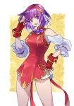  1girl asamiya_athena breasts china_dress chinese_clothes cowboy_shot dress eyebrows_visible_through_hair fingerless_gloves gloves hair_ribbon hairband hand_on_hip highres looking_at_viewer medium_breasts purple_eyes purple_hair red_dress ribbon simple_background smile strapless strapless_dress taki_(nakochan) the_king_of_fighters the_king_of_fighters_xv white_background 