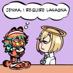  1girl annoyed blonde_hair cat collared_shirt colored_inner_hair cosplay garfield garfield_(character) halo hololive hololive_english id_card jenma-chan jim_davis_(style) lowres multicolored_hair orange_hair parody peagade purple_hair sandals shirt short_hair style_parody tail takanashi_kiara takanashi_kiara_(cosplay) thought_bubble triangle_hair_ornament virtual_youtuber white_shirt 