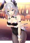  1girl :d animal_ears arm_strap bare_shoulders between_fingers black_leotard blue_eyes blurry bow bowtie braid breast_hold breasts cleavage covered_navel cowboy_shot dagger depth_of_field detached_collar fake_animal_ears fake_tail grey_legwear groin hand_on_own_thigh highres izayoi_sakuya knife large_breasts leotard looking_at_viewer maid_headdress medium_hair open_mouth pantyhose playboy_bunny rabbit_ears rabbit_tail ruhika silver_hair smile solo standing strapless strapless_leotard tail touhou twin_braids weapon wrist_cuffs 