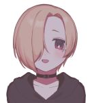  1girl :d bangs black_choker blonde_hair blush chiyoko_(tykchiyo) choker collarbone commentary hair_over_one_eye hood hood_down idolmaster idolmaster_cinderella_girls looking_at_viewer open_mouth portrait red_eyes shirasaka_koume short_eyebrows short_hair simple_background smile solo white_background 