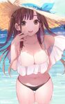  1girl :d bad_id bad_pixiv_id bare_shoulders bikini black_bikini breasts brown_eyes brown_hair brown_headwear cleavage collarbone day hand_up hat highres idolmaster idolmaster_shiny_colors kuri_choko large_breasts long_hair looking_at_viewer mismatched_bikini navel off_shoulder open_mouth outdoors smile solo sonoda_chiyoko stomach straw_hat swimsuit thighs two_side_up wading water white_bikini 