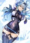  1girl arms_up black_legwear blue_neckwear bodystocking breasts center_opening eula_(genshin_impact) genshin_impact hairband half-closed_eyes highres koruse large_breasts solo thigh_strap thighhighs thighs yellow_eyes 