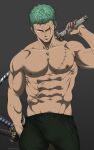  1boy abs bara black_pants bulge cowboy_shot dark-skinned_male dark_skin earrings glaring green_hair hand_in_pocket highres jewelry large_pectorals looking_at_viewer male_focus muscular muscular_male navel nipples one_piece over_shoulder pants pectorals pinattsu roronoa_zoro scar scar_across_eye scar_on_chest shirtless short_hair sideburns single_earring solo stomach sword sword_over_shoulder weapon weapon_over_shoulder 