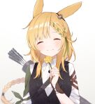  1girl ^_^ animal_ears arknights arrow_(projectile) bangs black_skirt black_vest blonde_hair braid closed_eyes closed_mouth collared_shirt commentary facing_viewer flower green_hair highres holding holding_flower kroos_(arknights) long_hair multicolored_hair nano_mochi official_alternate_costume quiver rabbit_ears shirt short_sleeves single_braid skirt smile solo two-tone_hair upper_body very_long_hair vest white_background white_shirt yellow_flower 