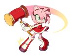  1girl amy_rose boots bracelet clamchips dress full_body furry furry_female gloves green_eyes hairband hammer holding holding_hammer jewelry piko_piko_hammer red_dress red_footwear red_hairband simple_background smile solo sonic_(series) twitter_username white_background white_gloves 