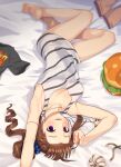  1girl ahoge arm_up barefoot bed_sheet black_shirt blue_scrunchie blush brown_hair burger commentary diagonal-striped_shirt diagonal_stripes drill_hair food from_above hair_ornament hair_scrunchie idolmaster idolmaster_million_live! jewelry kamille_(vcx68) legs looking_at_viewer lying necklace no_pants on_back on_bed open_mouth pillow print_scrunchie print_shirt purple_eyes scrunchie shirt short_hair short_sleeves side_drill side_ponytail sleepwear smile solo star_(symbol) star_necklace star_print striped t-shirt tank_top upside-down white_shirt yokoyama_nao 