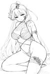  1girl arm_strap bangs breasts eyebrows_visible_through_hair flower greyscale hair_bun hair_flower hair_ornament half-closed_eyes large_breasts long_hair looking_at_viewer macross macross_delta mikumo_guynemer monochrome navel sasanoneko sitting sketch smile solo swimsuit thigh_strap underboob very_long_hair watermark 