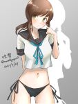  1girl bikini bikini_bottom bikini_under_clothes black_bikini black_sailor_collar brown_eyes brown_hair character_name commentary_request contrapposto dated fubuki_(kancolle) grey_background highres kantai_collection long_hair looking_at_viewer low_ponytail no_pants ponytail remodel_(kantai_collection) sailor_collar school_uniform serafuku short_ponytail side-tie_bikini sidelocks simple_background solo standing swimsuit swimsuit_under_clothes twitter_username umibudou 