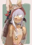  1girl animal_ear_fluff animal_ears blush body_fur brown_eyes brown_headwear furry furry_female hand_on_own_chest helmet highres horns made_in_abyss nanachi_(made_in_abyss) navel rabbit_ears sakurami_sumi short_hair smile solo topless upper_body whiskers white_hair 