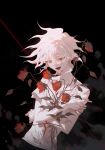  1boy absurdres bangs black_background collarbone commentary_request cowboy_shot danganronpa_(series) danganronpa_2:_goodbye_despair flower grey_background hair_between_eyes highres komaeda_nagito looking_at_viewer male_focus messy_hair object_hug open_mouth pale_skin print_shirt red_flower red_rose rose saliva shirt short_sleeves smile solo upper_body white_hair xiwang_xintu 